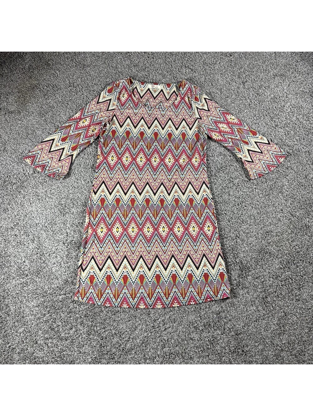 Aryeh Anthropologie Sz  Large Geometric  Shift Dress Amarillo rojo  Flare Sleeve